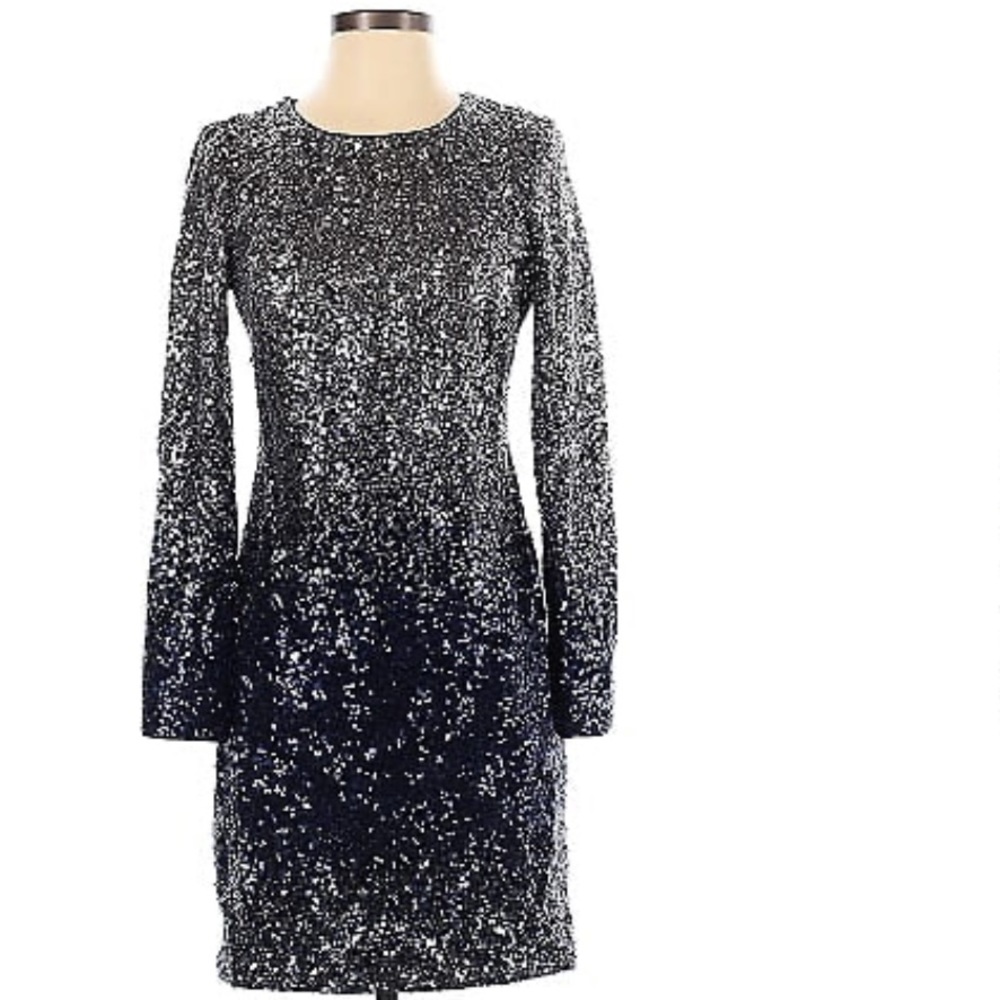 Maia Women’s Sequin Gradient Ombré Long Sleeved Formal Black Silver Dress Size 0